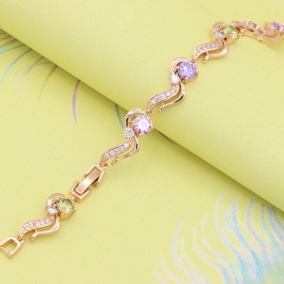 "Rose Gold Bracelet with Wavy Design and Pastel Gemstones, XPBL0817 - Picture 5 of 12